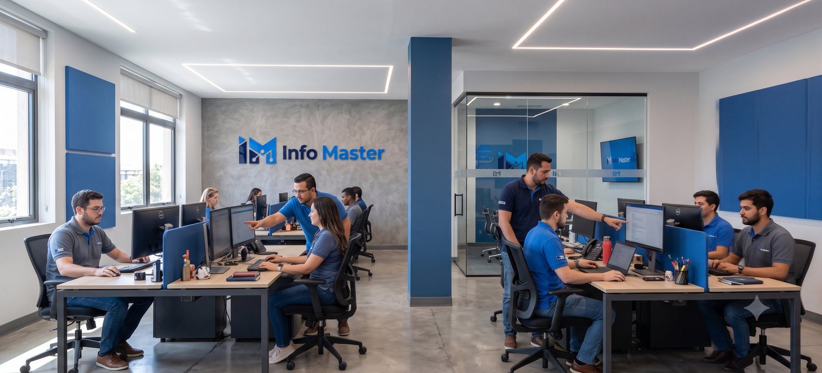 Equipe da Info Master trabalhando no escritório, atendendo clientes e analisando campanhas
